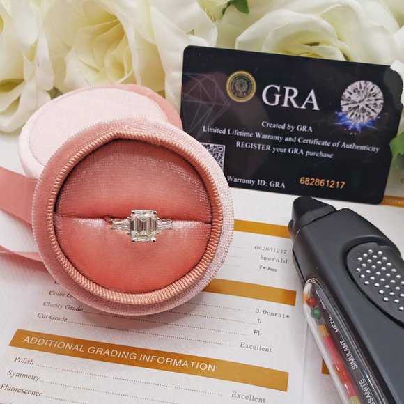 14K White Gold Trilogy 3 Carats Emerald & Tapered Moissanite Engagement Ring - Picture 7 of 13